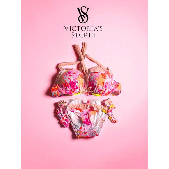 NWT Victoria’s Secret Bombshell Bikini 34A/XS Bright Floral Y2K Ruffle Set - Picture 1 of 8